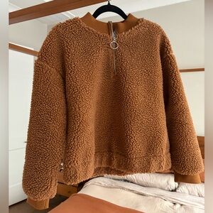 J.O.A Teddy Fur Pullover Sweater Jacket | Tan Brown | Size Medium